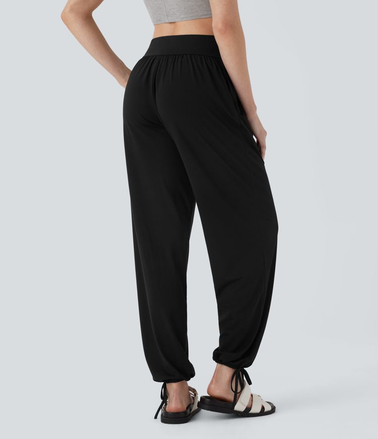 Crossover High Waisted Pocket Drawstring Casual Joggers