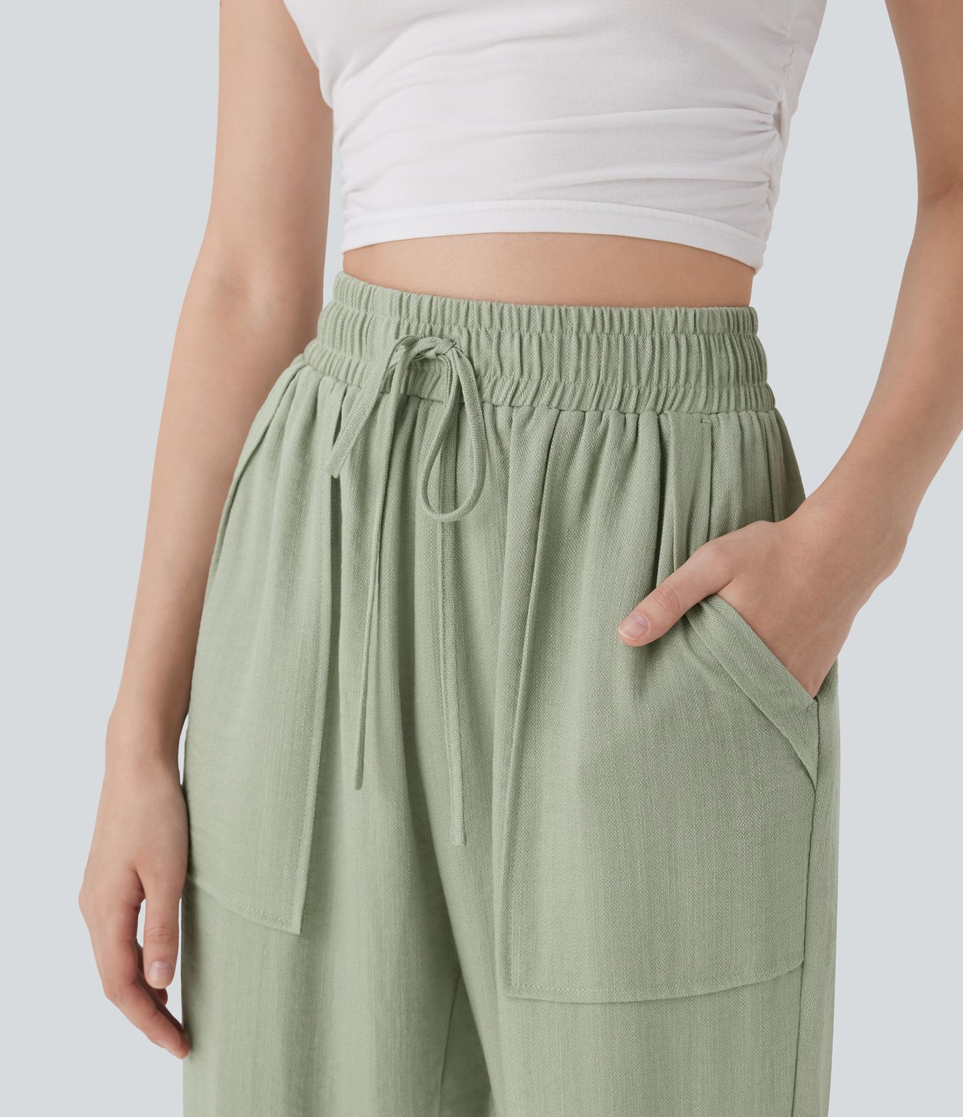 Pantalones casuales de lino de tiro alto con cordón y bolsillos