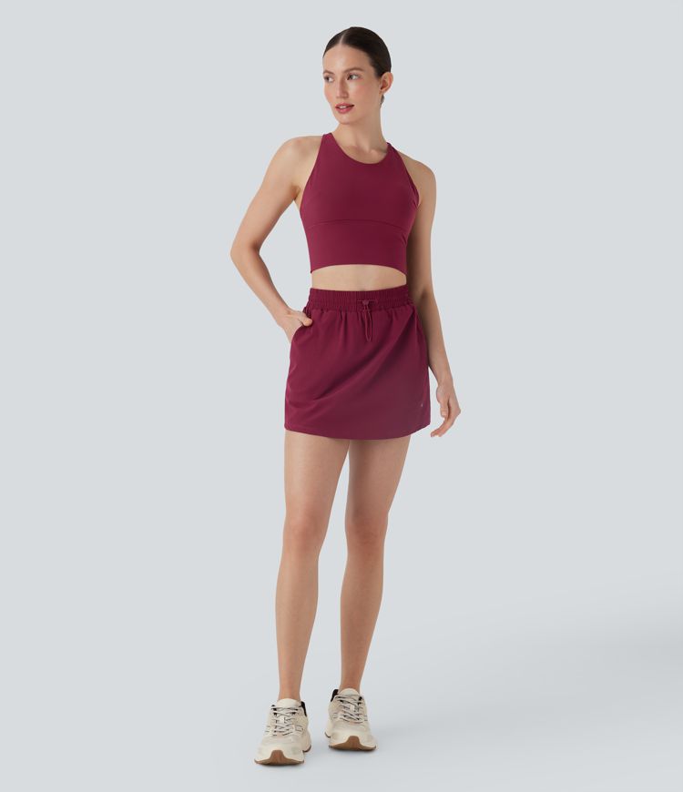 High Waisted Drawstring 2-in-1 A-Line Mini Yoga Skirt with Pockets