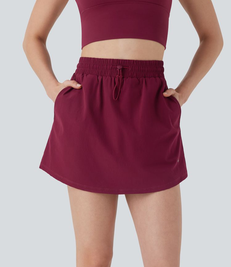 High Waisted Drawstring 2-in-1 A-Line Mini Yoga Skirt with Pockets