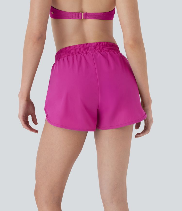 Mid Rise 2-in-1 Curved Hem Quick Dry Bikini Bottom Swimsuit with Pockets