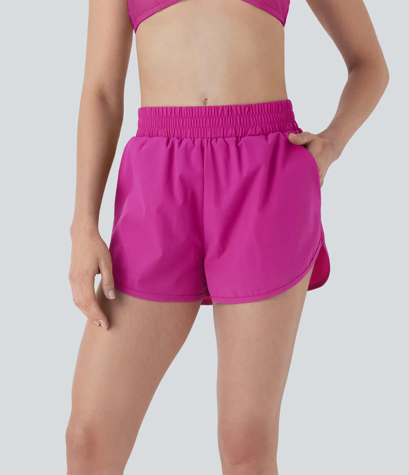 Mid Rise 2-in-1 Curved Hem Quick Dry Bikini Bottom Swimsuit with Side Pockets