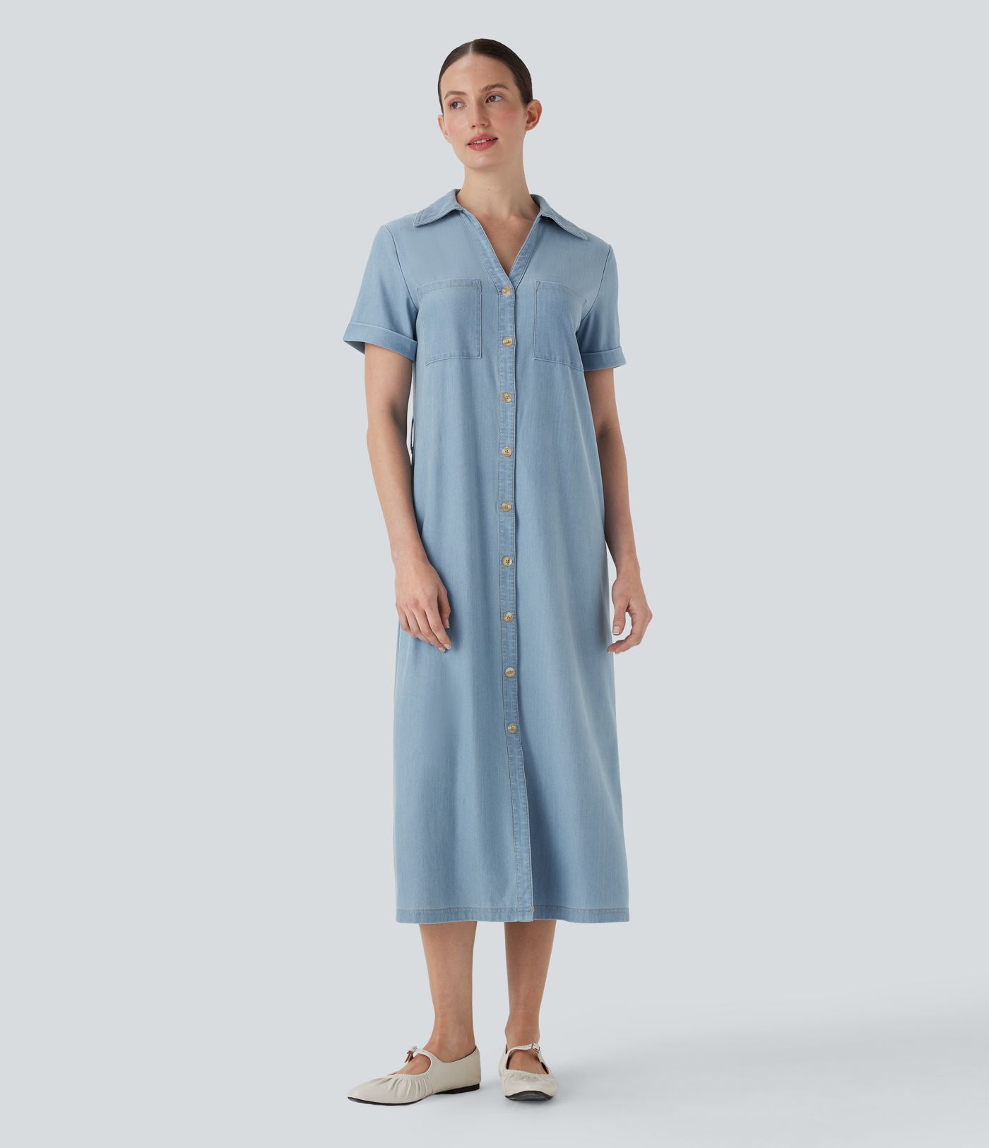 Halara Flex™ Short Sleeve Denim Midi Casual Dress with Pockets