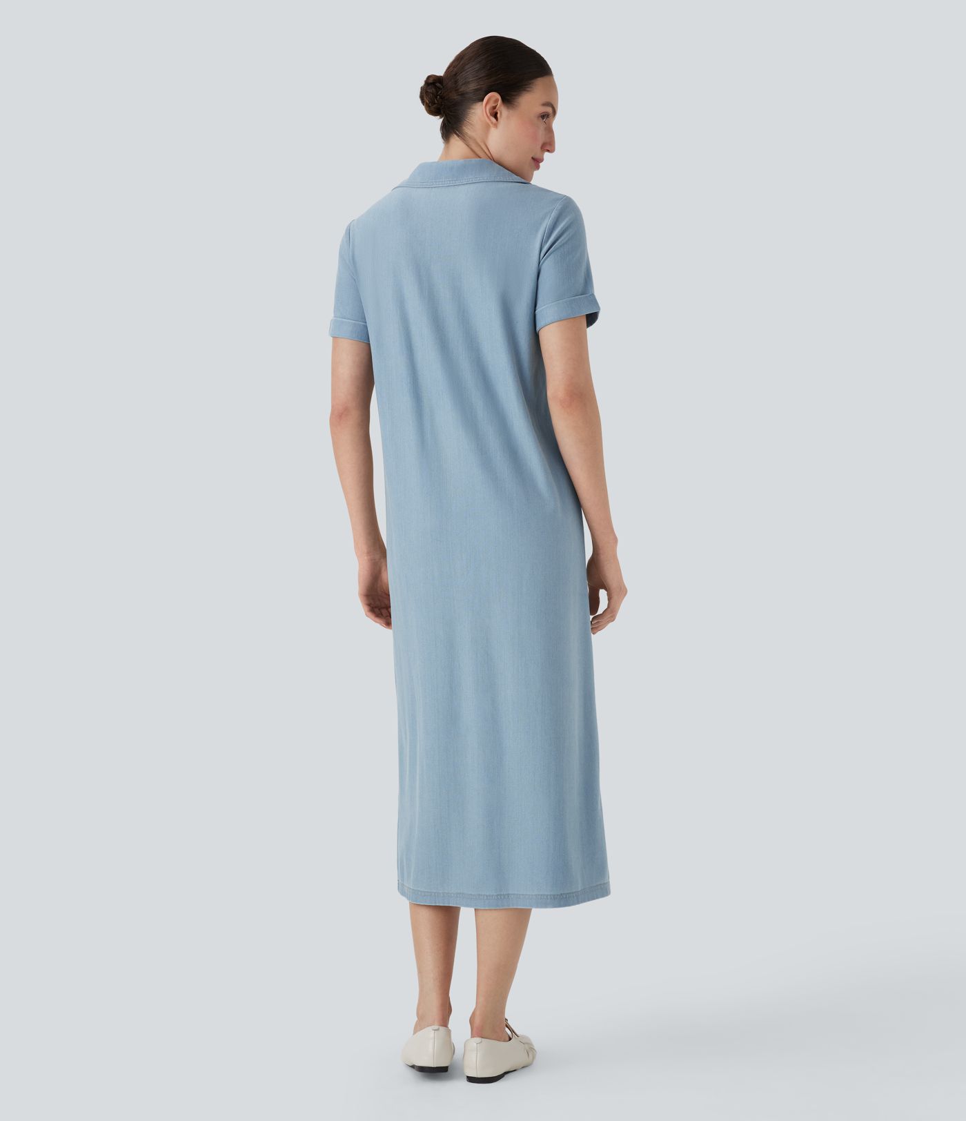 Halara Flex™ Short Sleeve Denim Midi Casual Dress with Pockets