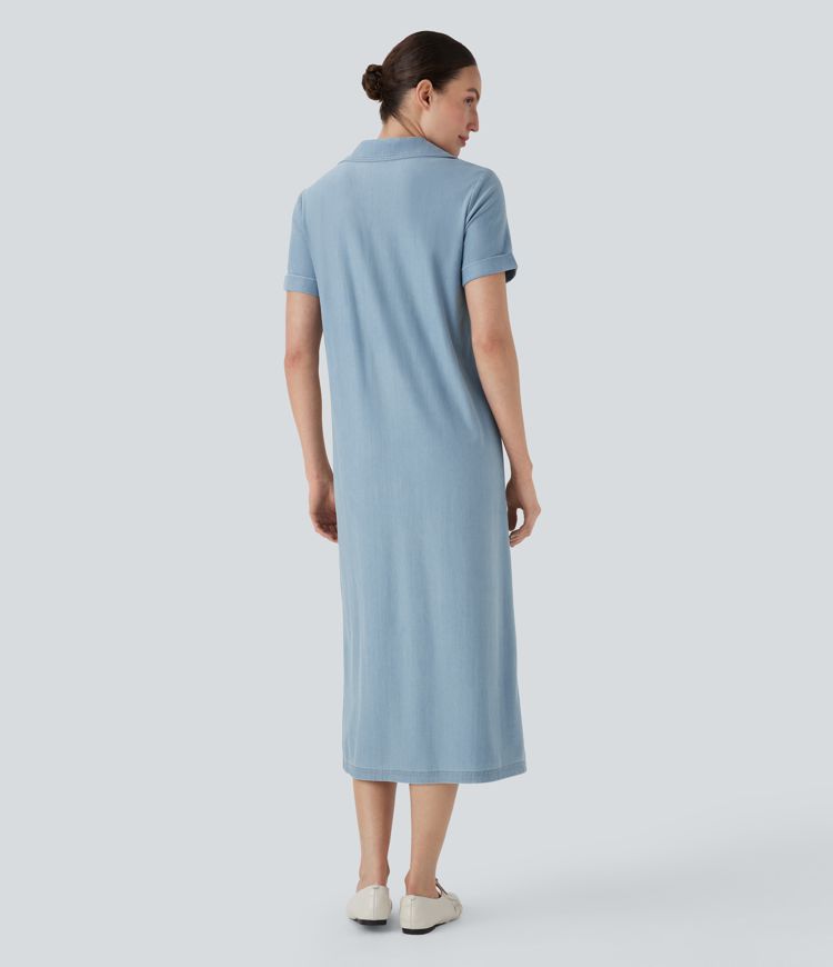 Halara Flex™ Collared Button Short Sleeve Stretchy Knit Denim Midi Casual Dress with Chest Pockets