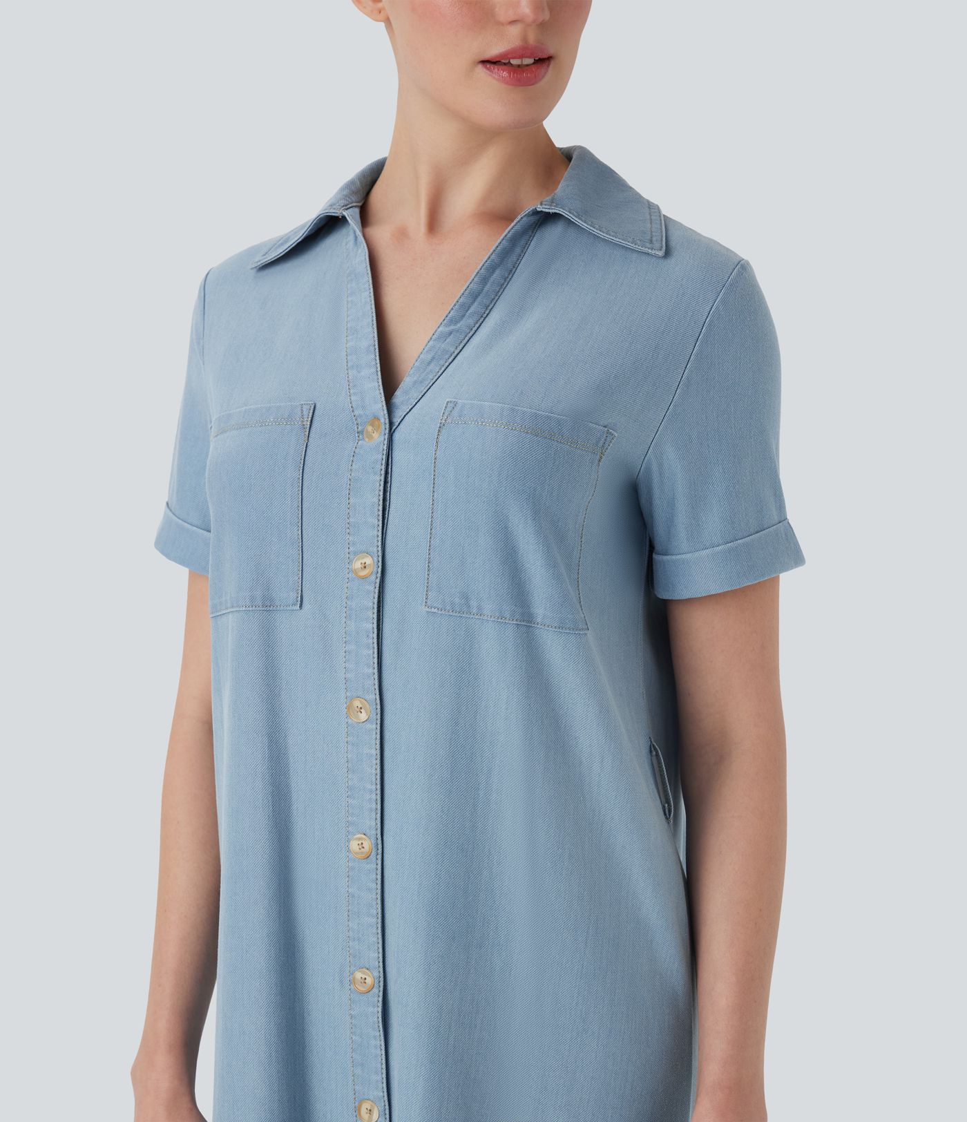 Halara Flex™ Short Sleeve Denim Midi Casual Dress with Pockets