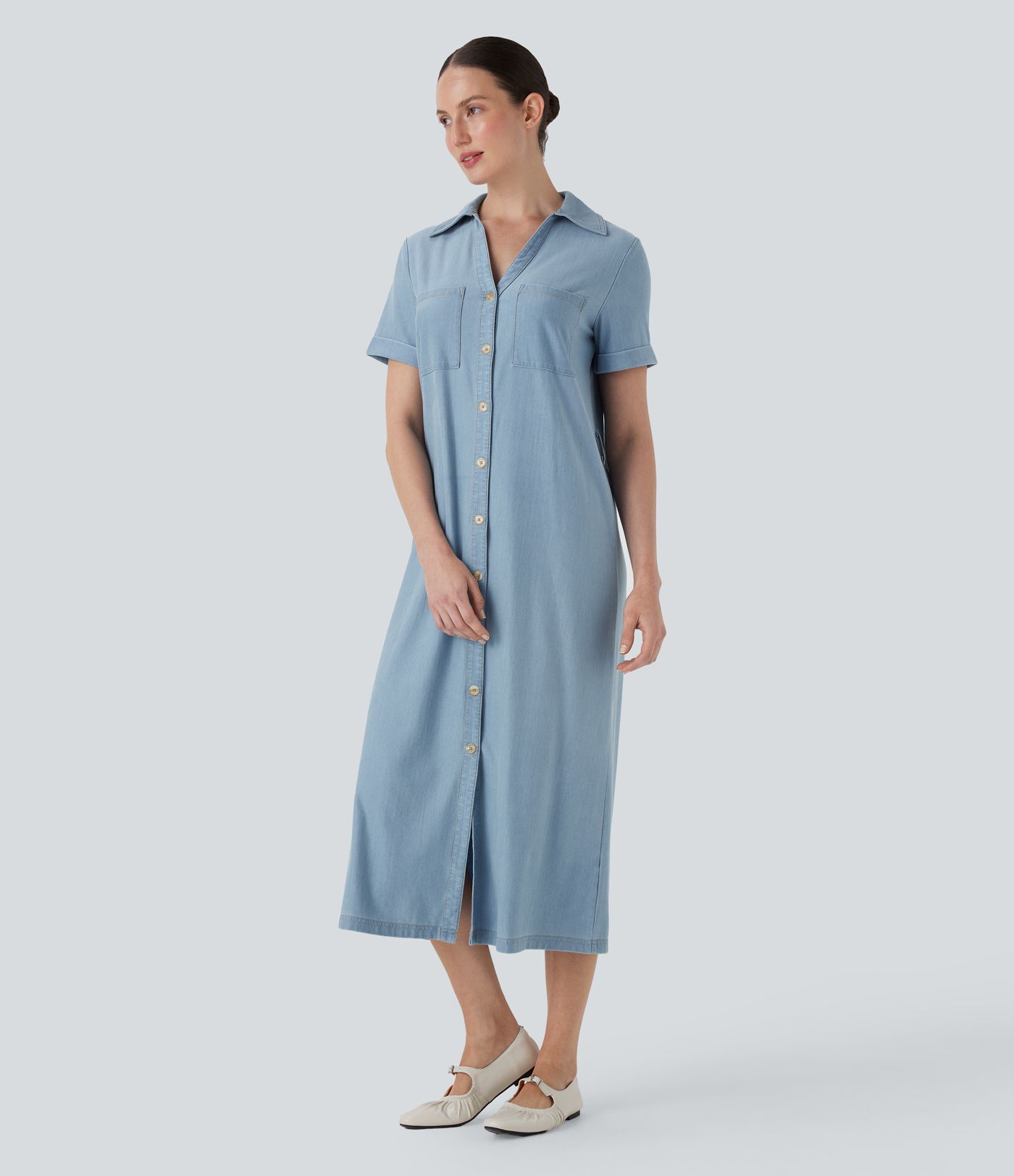 Halara Flex™ Short Sleeve Denim Midi Casual Dress with Pockets