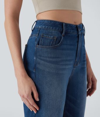 Halara Flex™ džíny s rovným střihem v midi výšce, vyprané, volnočasové, s kapsami