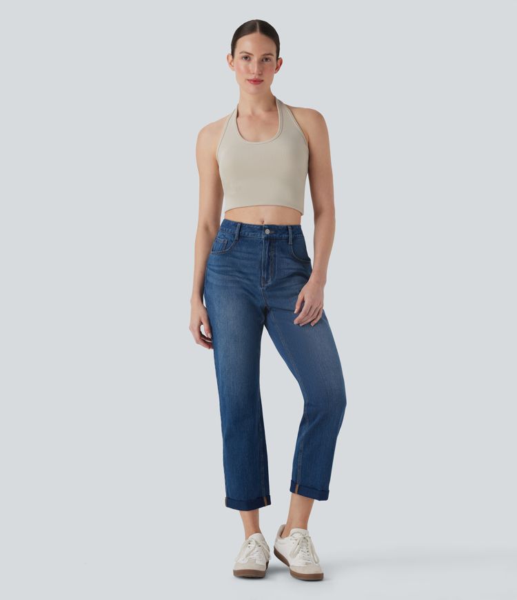 Halara Flex™ džíny s rovným střihem v midi výšce, vyprané, volnočasové, s kapsami