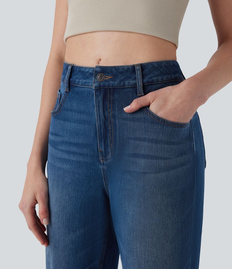 Halara Flex™ džíny s rovným střihem v midi výšce, vyprané, volnočasové, s kapsami