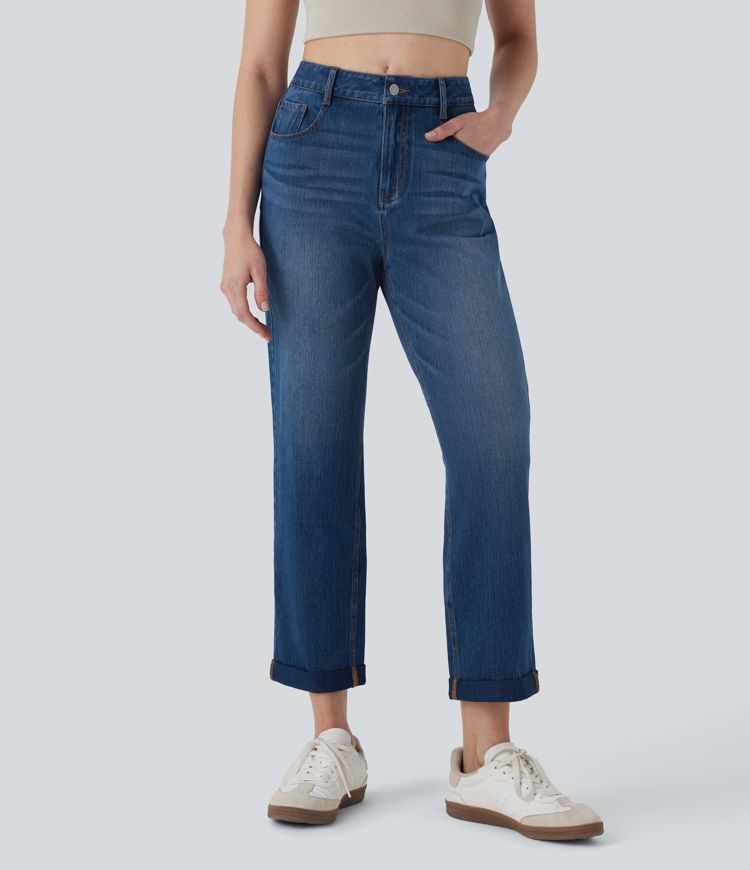 Halara Flex™ džíny s rovným střihem v midi výšce, vyprané, volnočasové, s kapsami