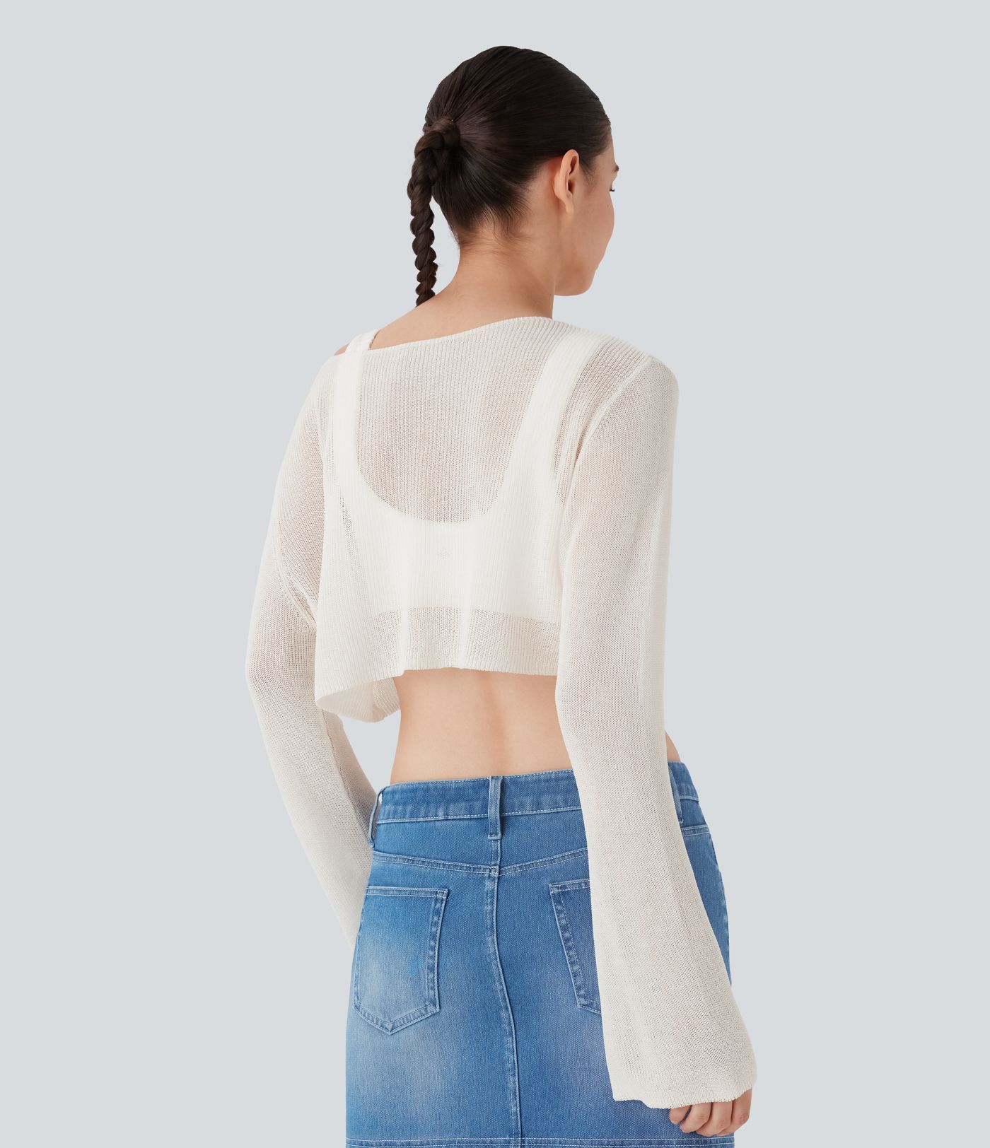 Sheer Scoop Neck Flounce Sleeve Cropped Casual Jumper