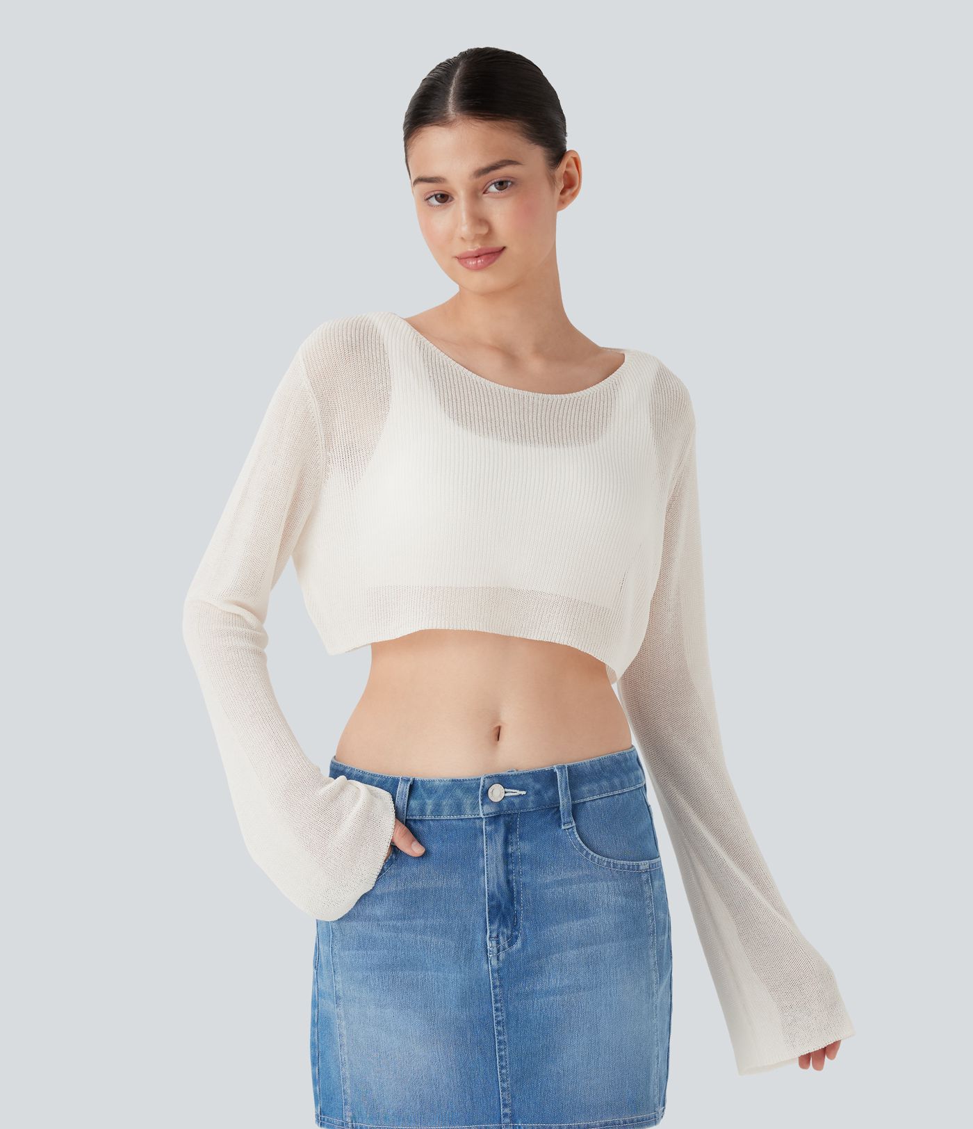 Sheer Scoop Neck Flounce Sleeve Cropped Casual Jumper