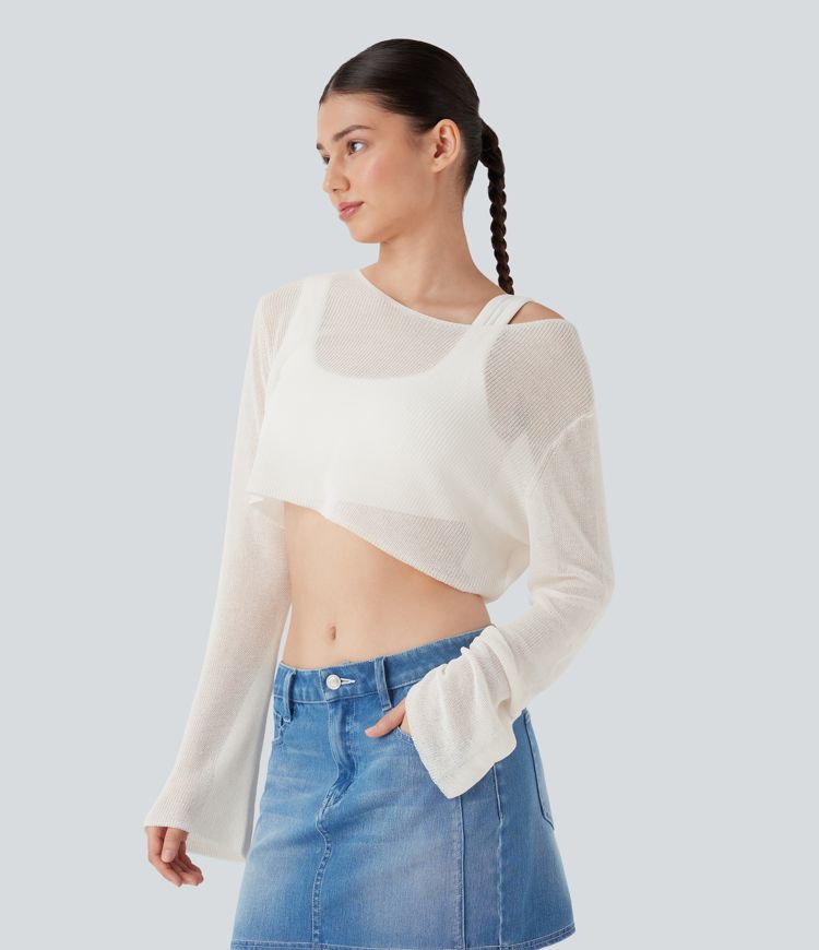 Sheer Scoop Neck Flounce Sleeve Cropped Casual Jumper