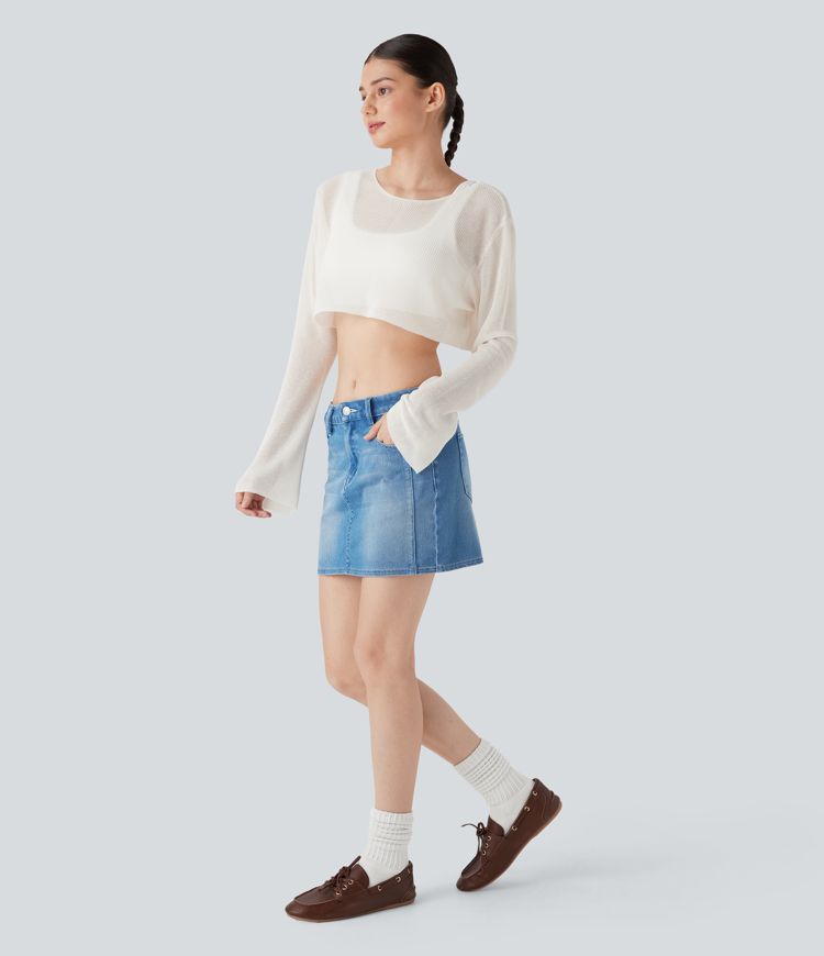 Sheer Scoop Neck Flounce Sleeve Cropped Casual Jumper