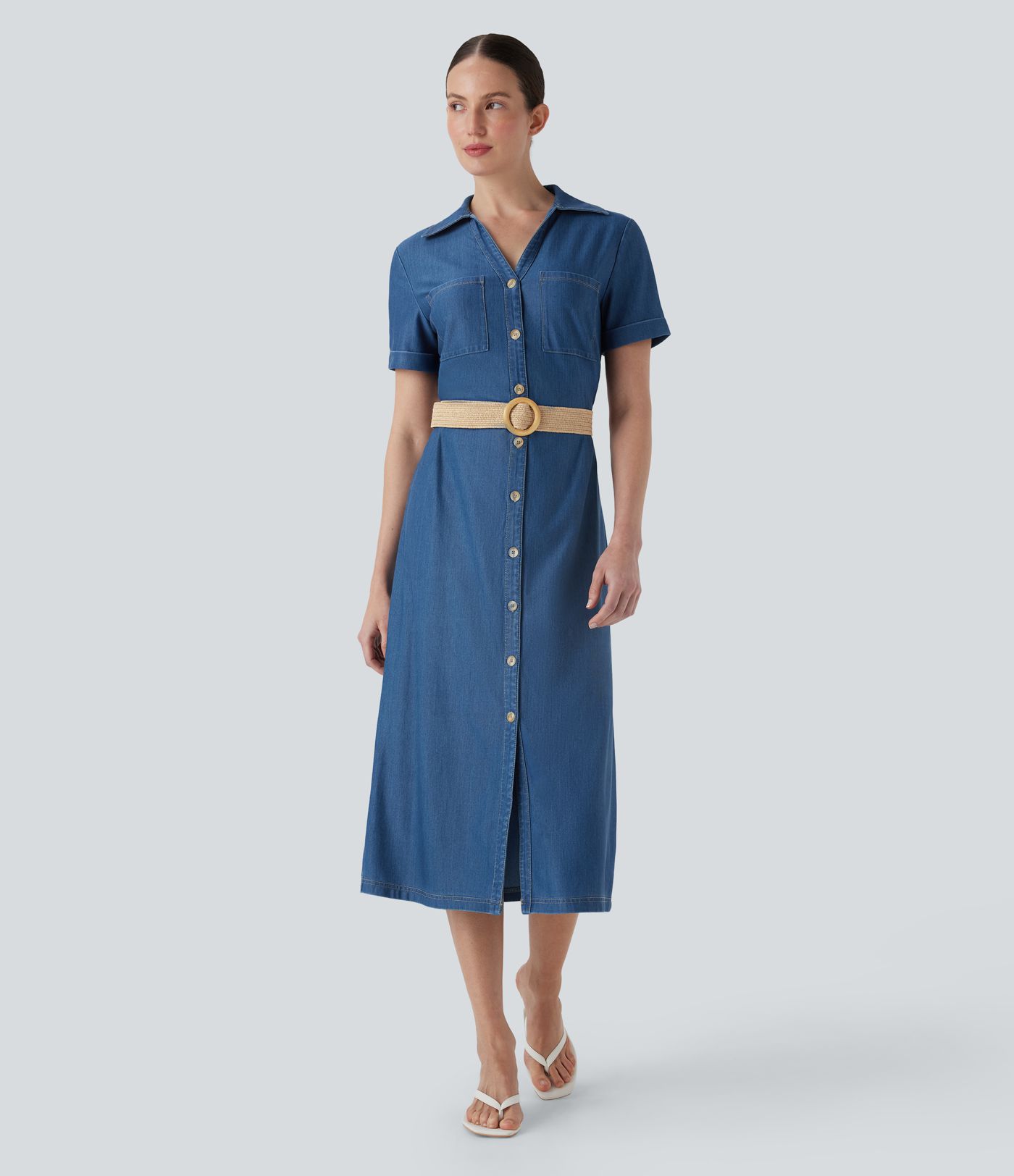 Halara Flex™ Short Sleeve Denim Midi Casual Dress with Pockets