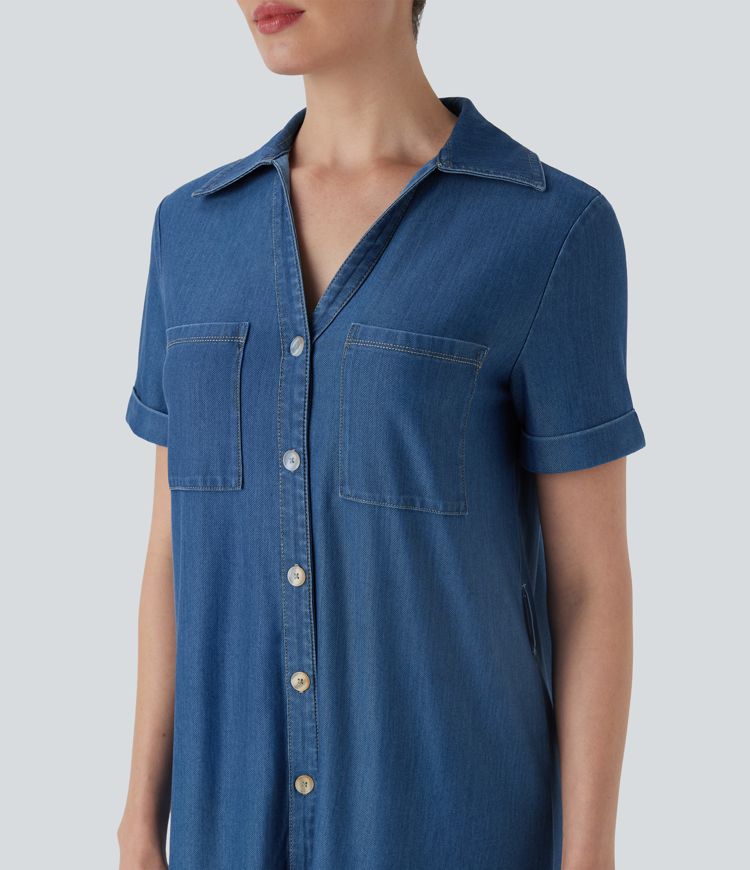 Halara Flex™ Short Sleeve Denim Midi Casual Dress with Pockets