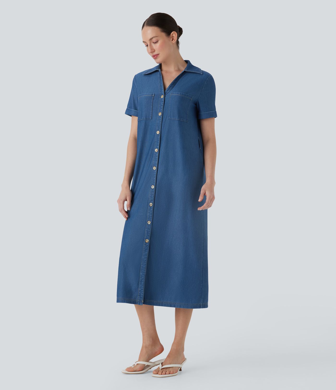 Halara Flex™ Short Sleeve Denim Midi Casual Dress with Pockets