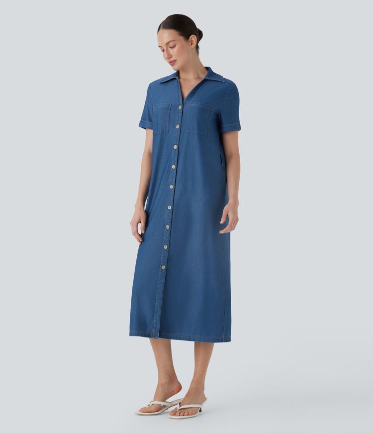 Halara Flex™ Short Sleeve Denim Midi Casual Dress with Pockets