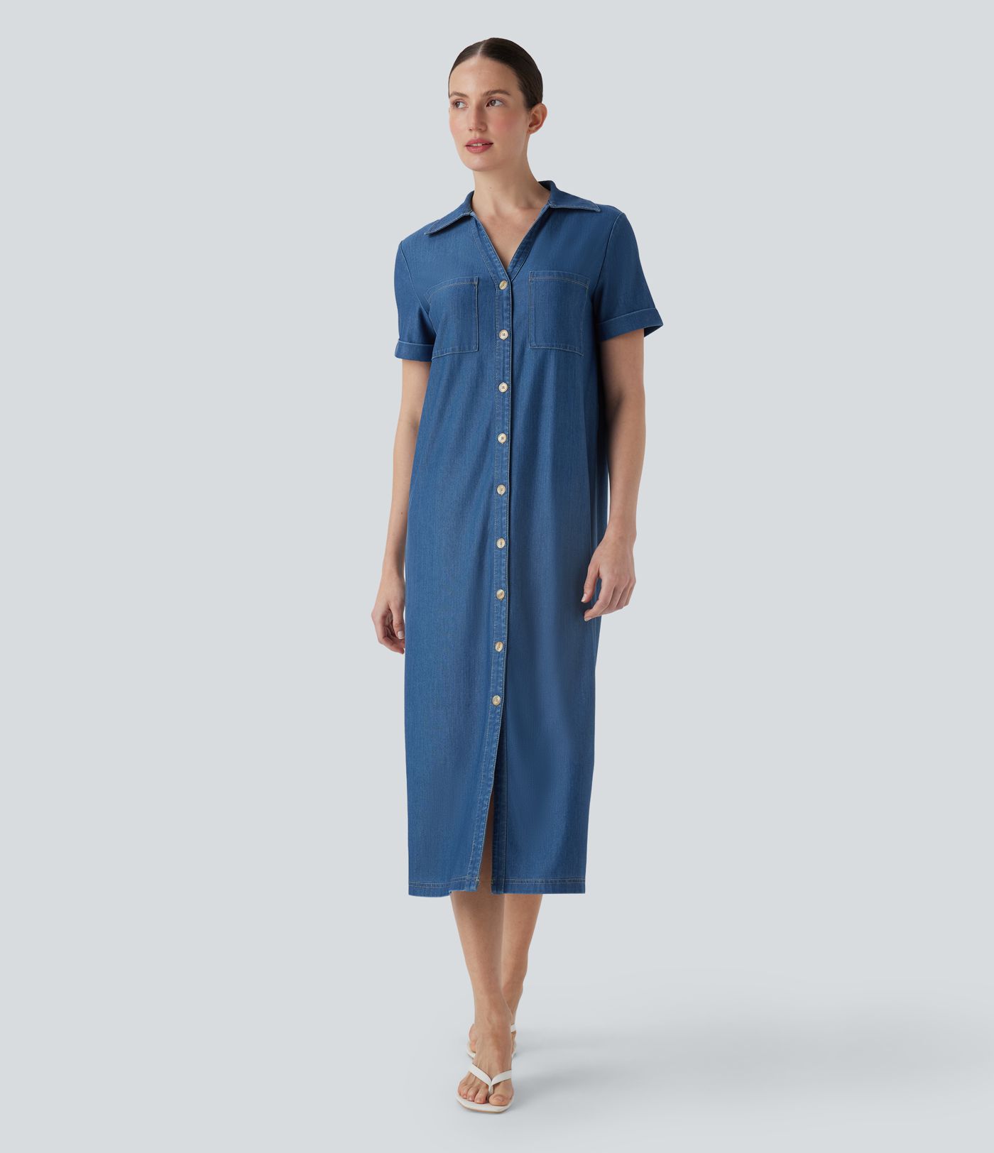 Halara Flex™ Short Sleeve Denim Midi Casual Dress with Pockets