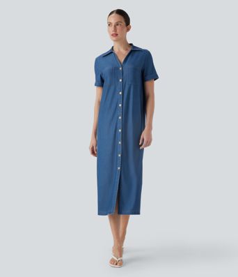 Halara Flex™ Short Sleeve Denim Midi Casual Dress with Pockets