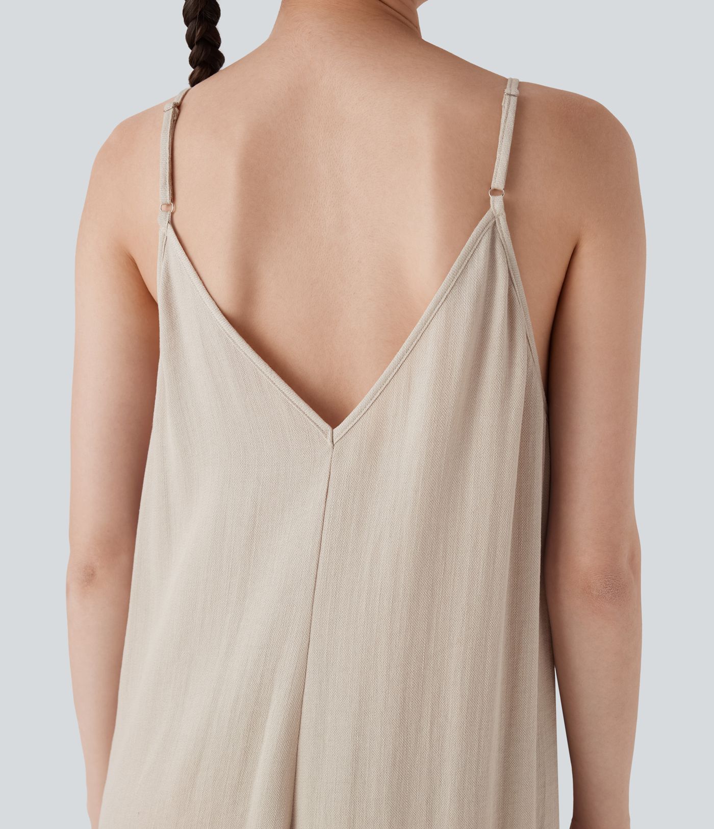 Drawstring Hem Linen-Feel Casual Jumpsuit with Pockets