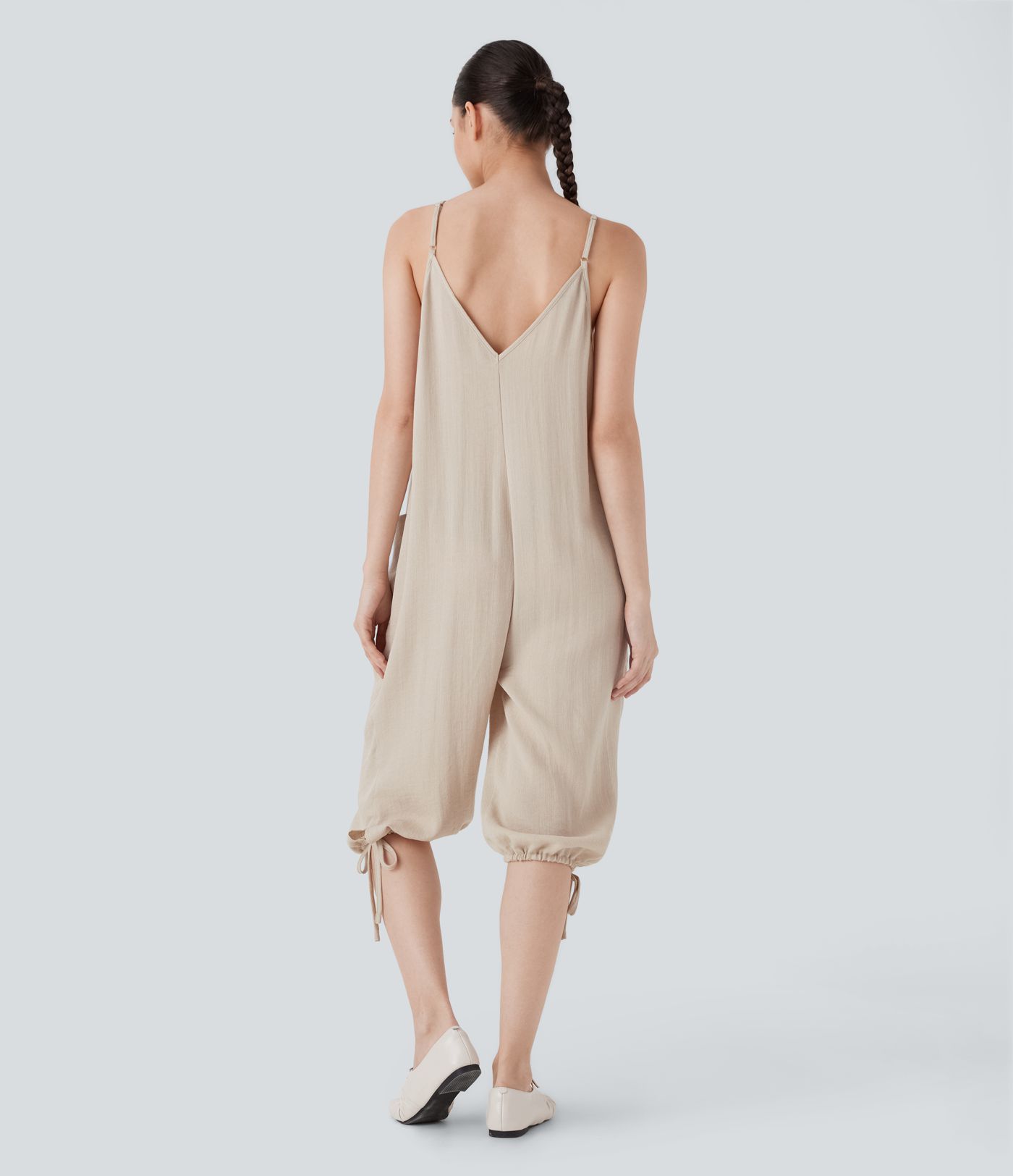 Drawstring Hem Linen-Feel Casual Jumpsuit with Pockets