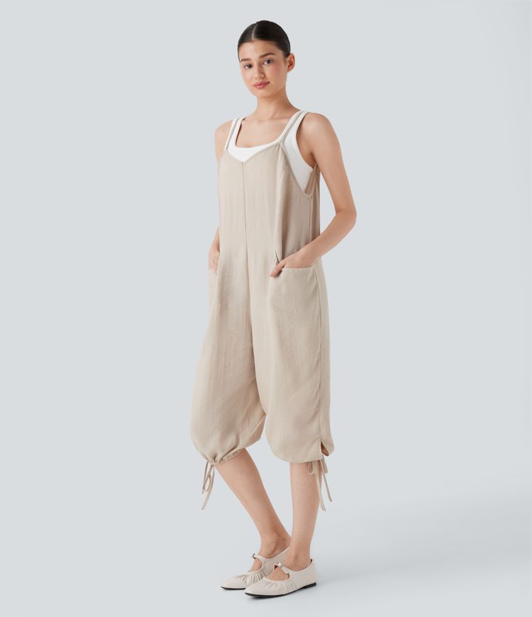 Drawstring Hem Linen-Feel Casual Jumpsuit with Pockets