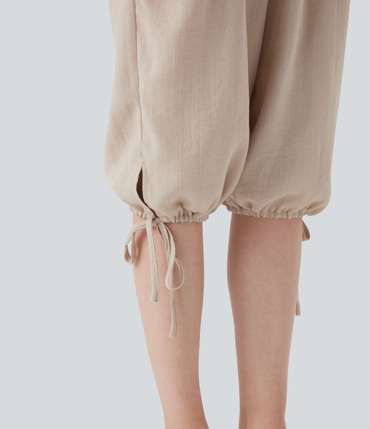 Drawstring Hem Linen-Feel Casual Jumpsuit with Pockets
