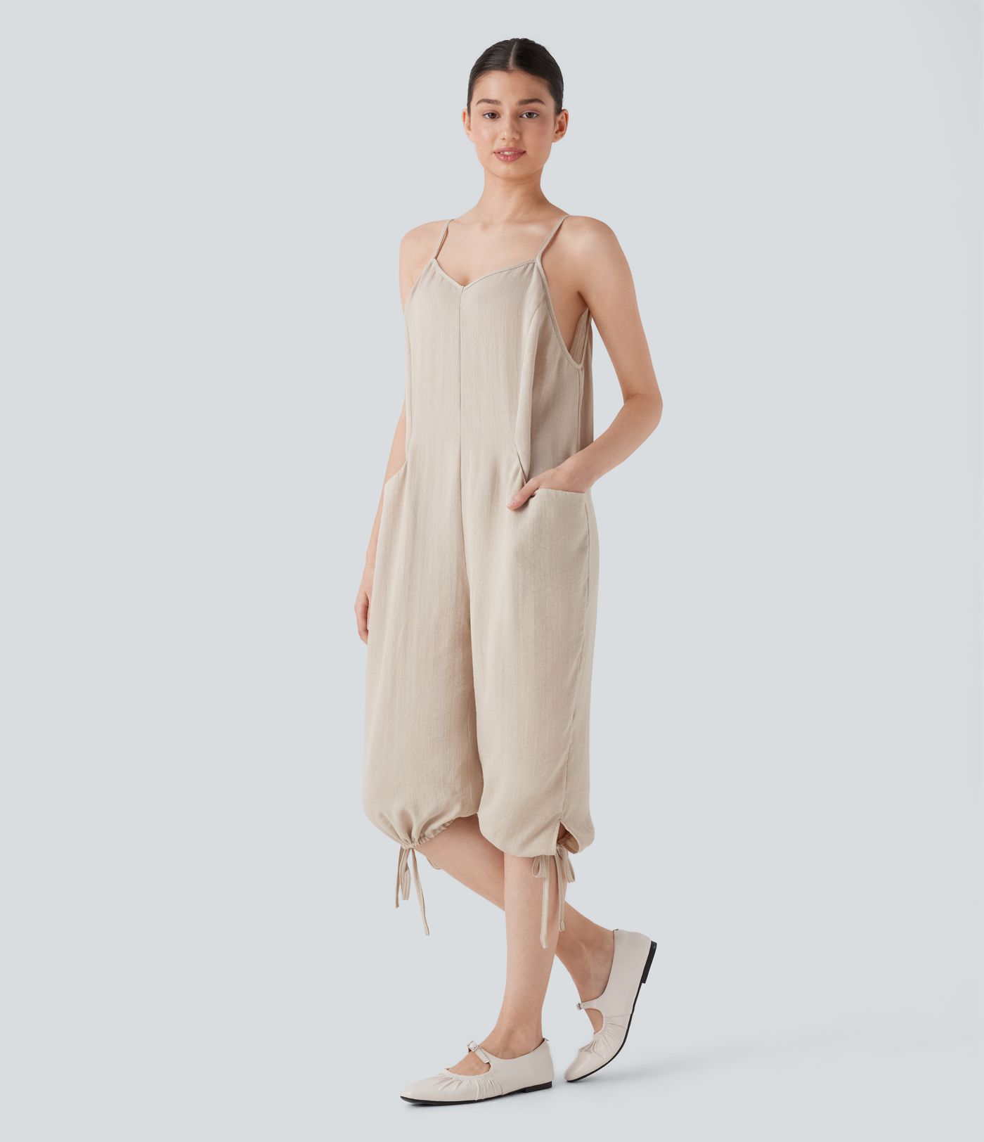 Drawstring Hem Linen-Feel Casual Jumpsuit with Pockets