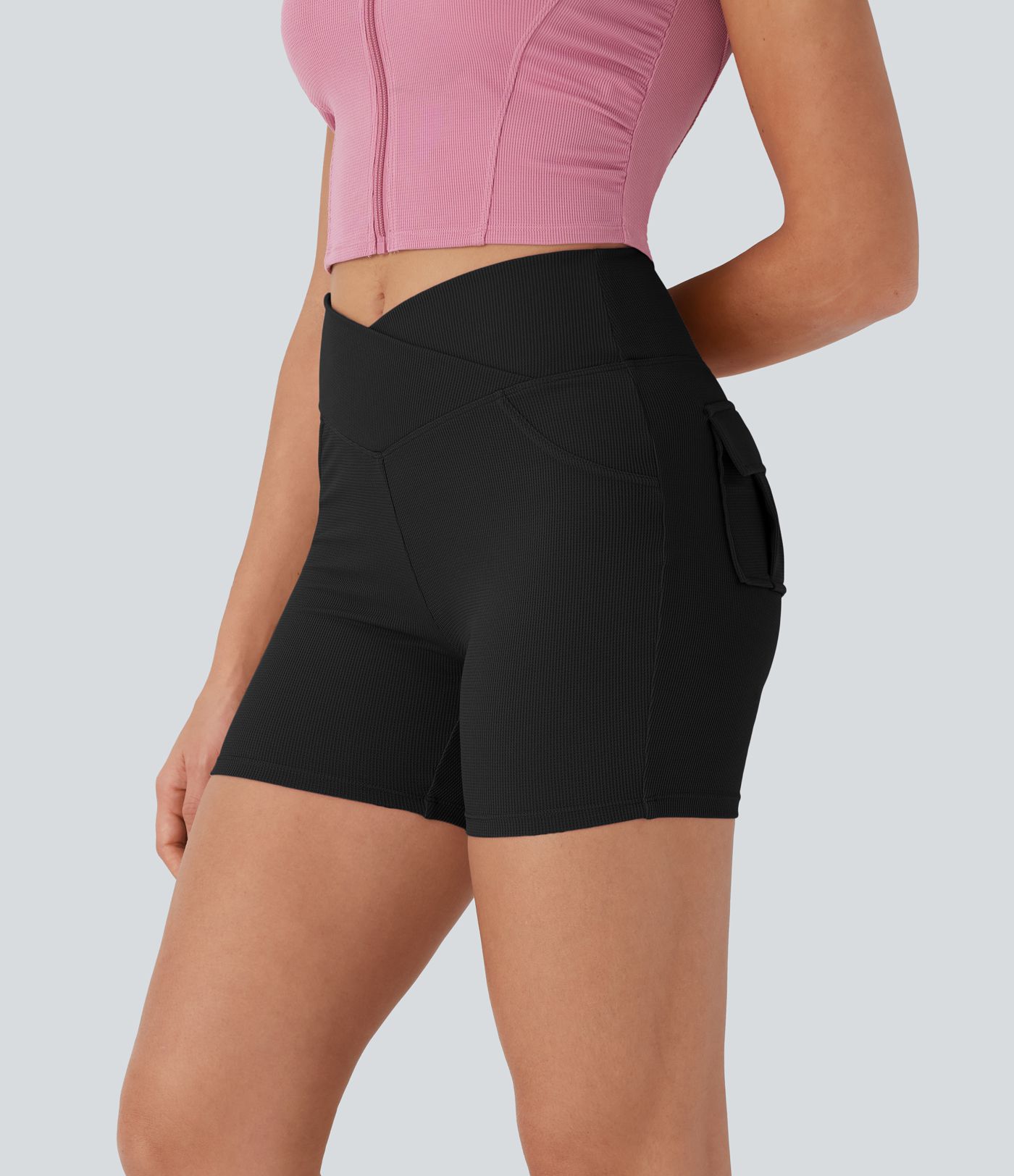High Waisted Crossover Waffle Yoga Biker Shorts 2'' with Pockets