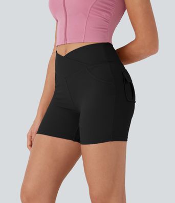 High Waisted Crossover Waffle Yoga Biker Shorts 2'' with Pockets
