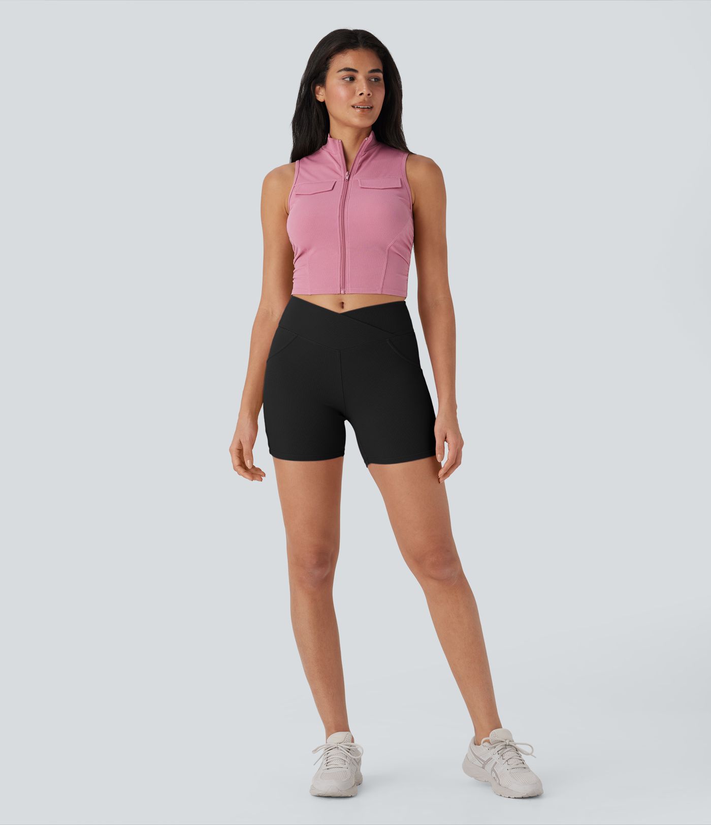 High Waisted Crossover Waffle Yoga Biker Shorts 2'' with Pockets