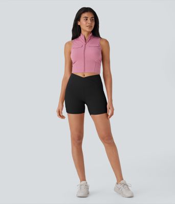 High Waisted Crossover Waffle Yoga Biker Shorts 2'' with Pockets