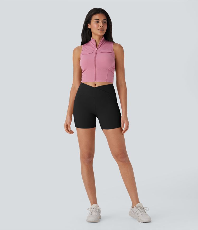 High Waisted Crossover Waffle Yoga Biker Shorts 2'' with Pockets