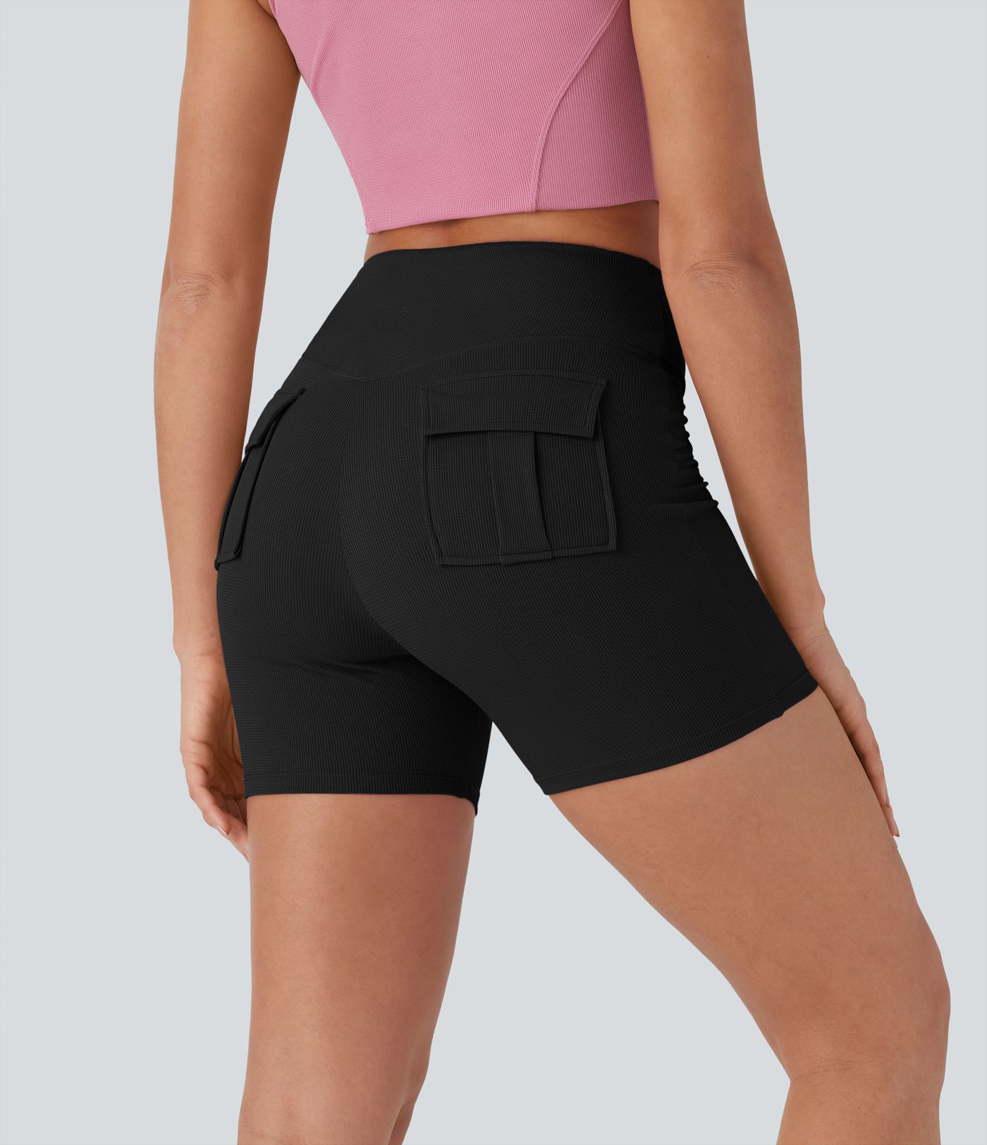High Waisted Crossover Waffle Yoga Biker Shorts 2'' with Pockets