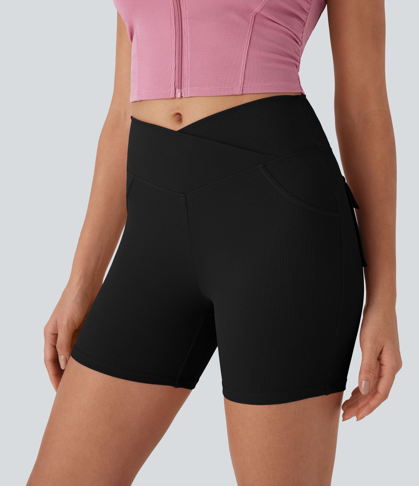 High Waisted Crossover Waffle Yoga Biker Shorts 2'' with Pockets
