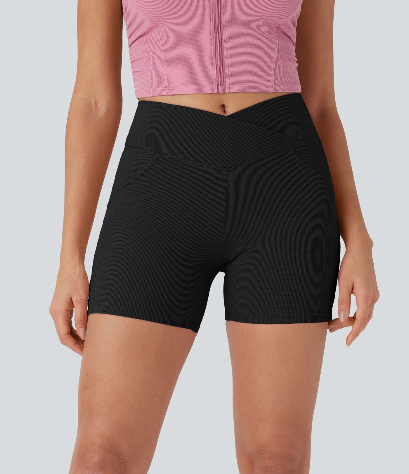 High Waisted Crossover Waffle Yoga Biker Shorts 2'' with Pockets