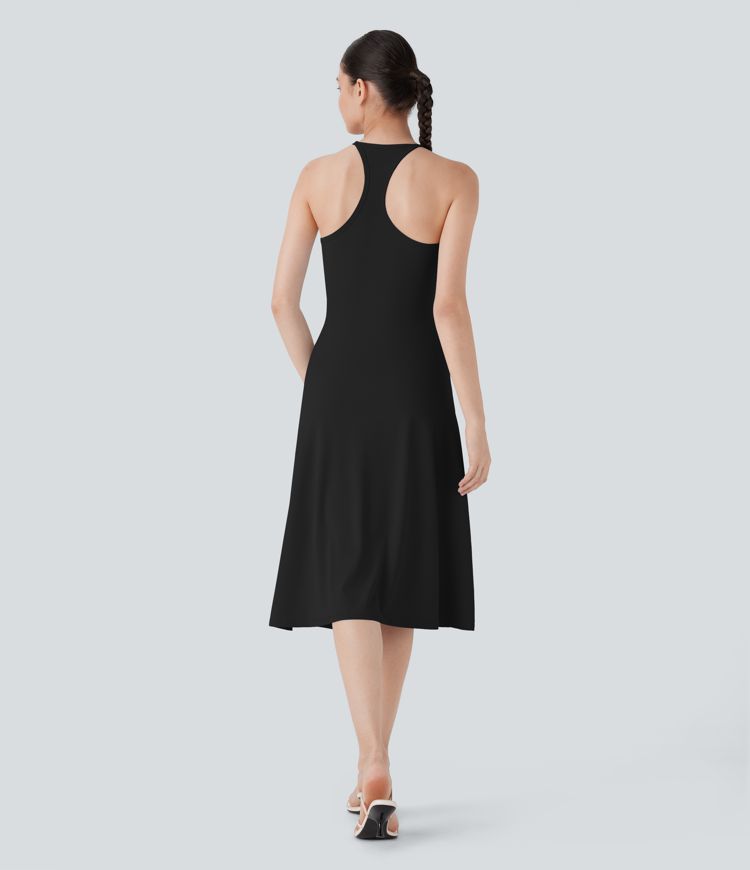 U Neck Racerback Ruched Midi Casual Slip Dress