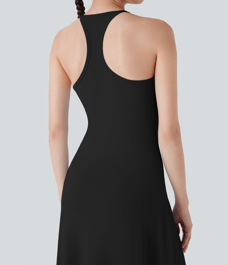 Robe slip midi à encolure en U et deux nageur, froncée et au style décontracté