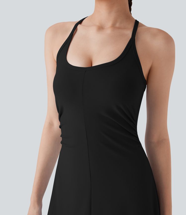 Robe slip midi à encolure en U et deux nageur, froncée et au style décontracté