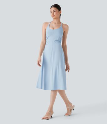 Vestido lencero midi casual con fruncido y espalda cruzada con escote en U