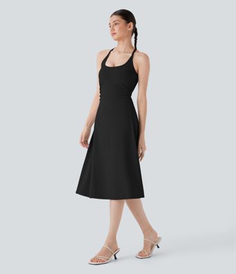 Robe slip midi à encolure en U et deux nageur, froncée et au style décontracté