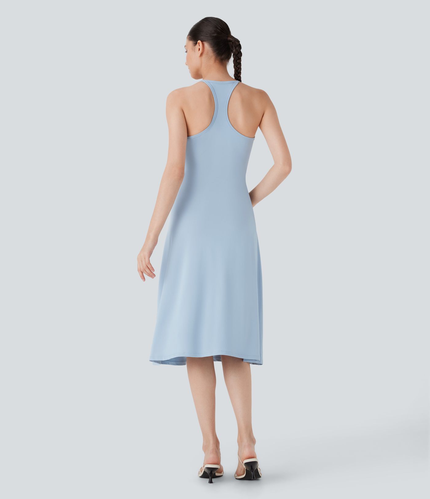 Vestido lencero midi casual con fruncido y espalda cruzada con escote en U