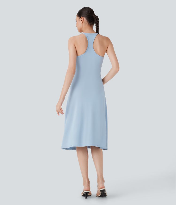 Vestido lencero midi casual con fruncido y espalda cruzada con escote en U