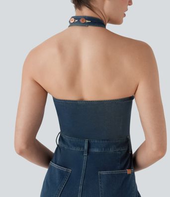 Halara Flex™ - Rückenfreier Overall aus elastischem Strick-Denim mit mehreren Taschen und weitem Bein