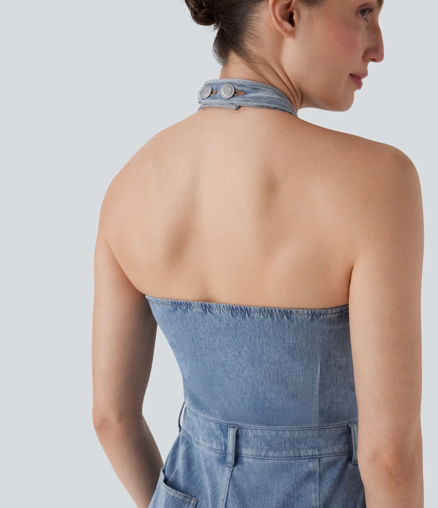 Halara Flex™ Halter Wide Leg Denim Casual Jumpsuit with Pockets