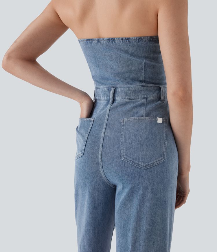Halara Flex™ Halter Wide Leg Denim Casual Jumpsuit with Pockets