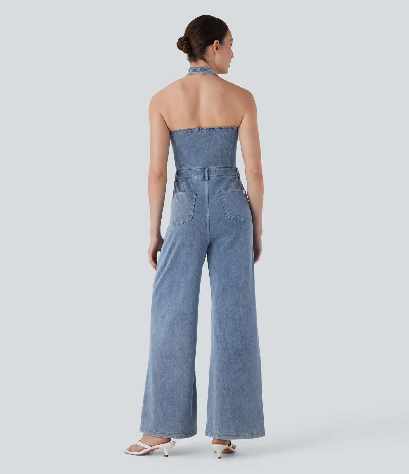 Halara Flex™ Halter Wide Leg Denim Casual Jumpsuit with Pockets