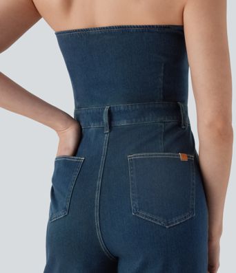 Halara Flex™ - Rückenfreier Overall aus elastischem Strick-Denim mit mehreren Taschen und weitem Bein